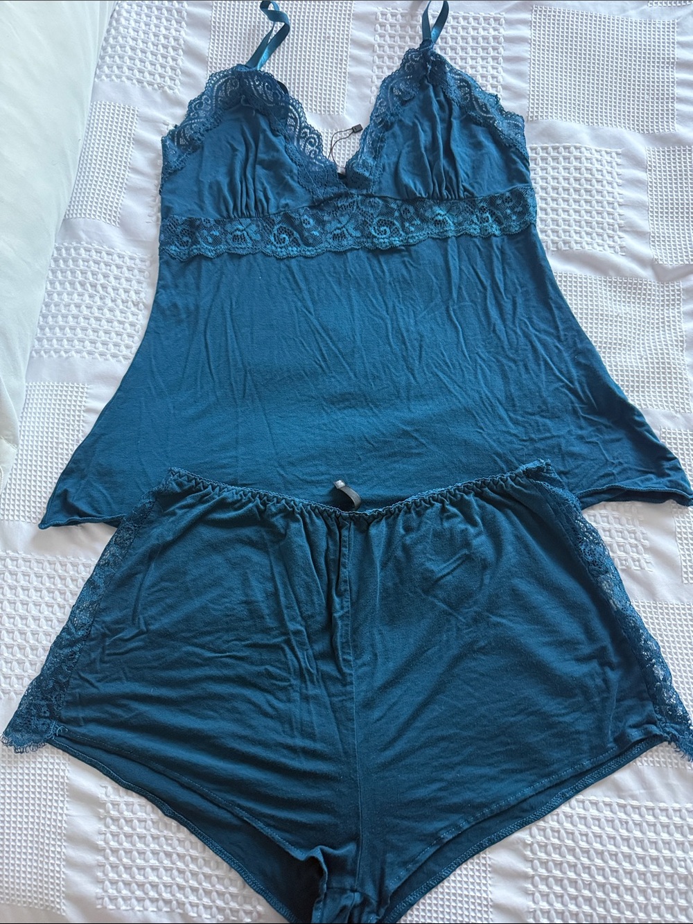 Women's Teal Lace-Trim Sleep Cami & Shorts Set